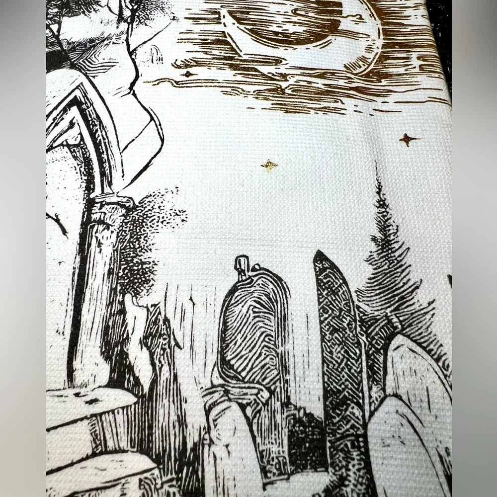 Kassafina Halloween Cemetery Set of 2 Tea Towel with Gold Moon Accent.